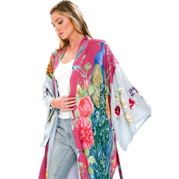 The Marie Antoinette Boho Double Layer Luxury Kimono Duster In Bird Floral Print - Picture 3 of 13